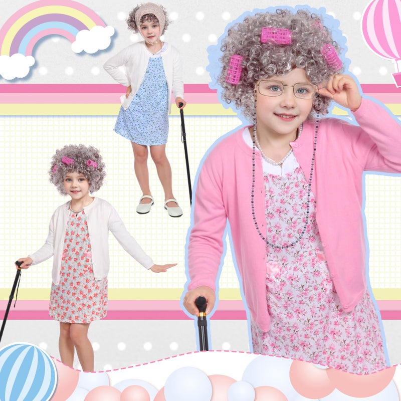 Kicpot Old Lady Costume for Girls Kids 100 Days School Grandma Costume (Pink  8-9Y) - Image 5